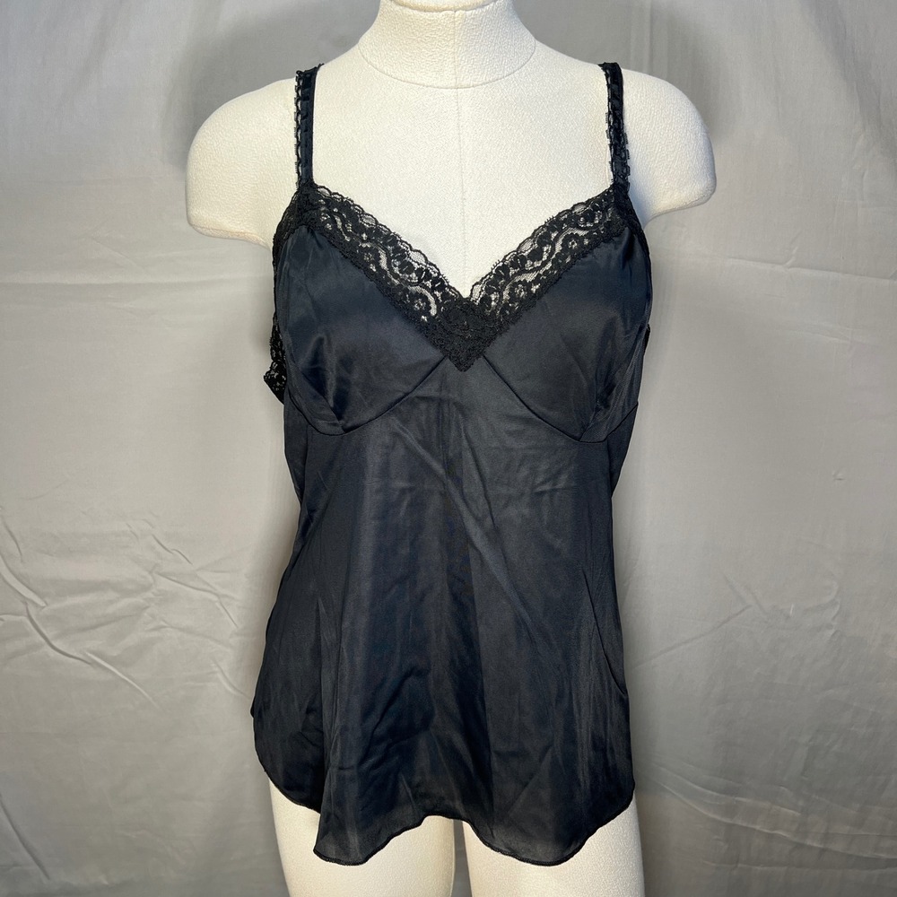 VTG Vassarette Black Lace Trim Nylon Satin Cami Lingerie Top Womens Medium USA